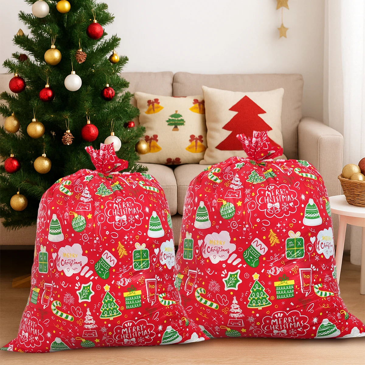 Large Christmas gift bags in bright red with festive designs for holiday gift wrapping