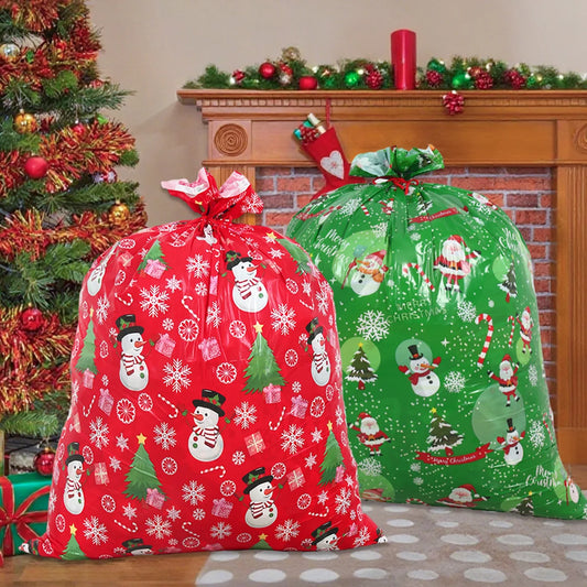Large Christmas gift bags in red and green with festive snowman and tree designs for holiday gifting