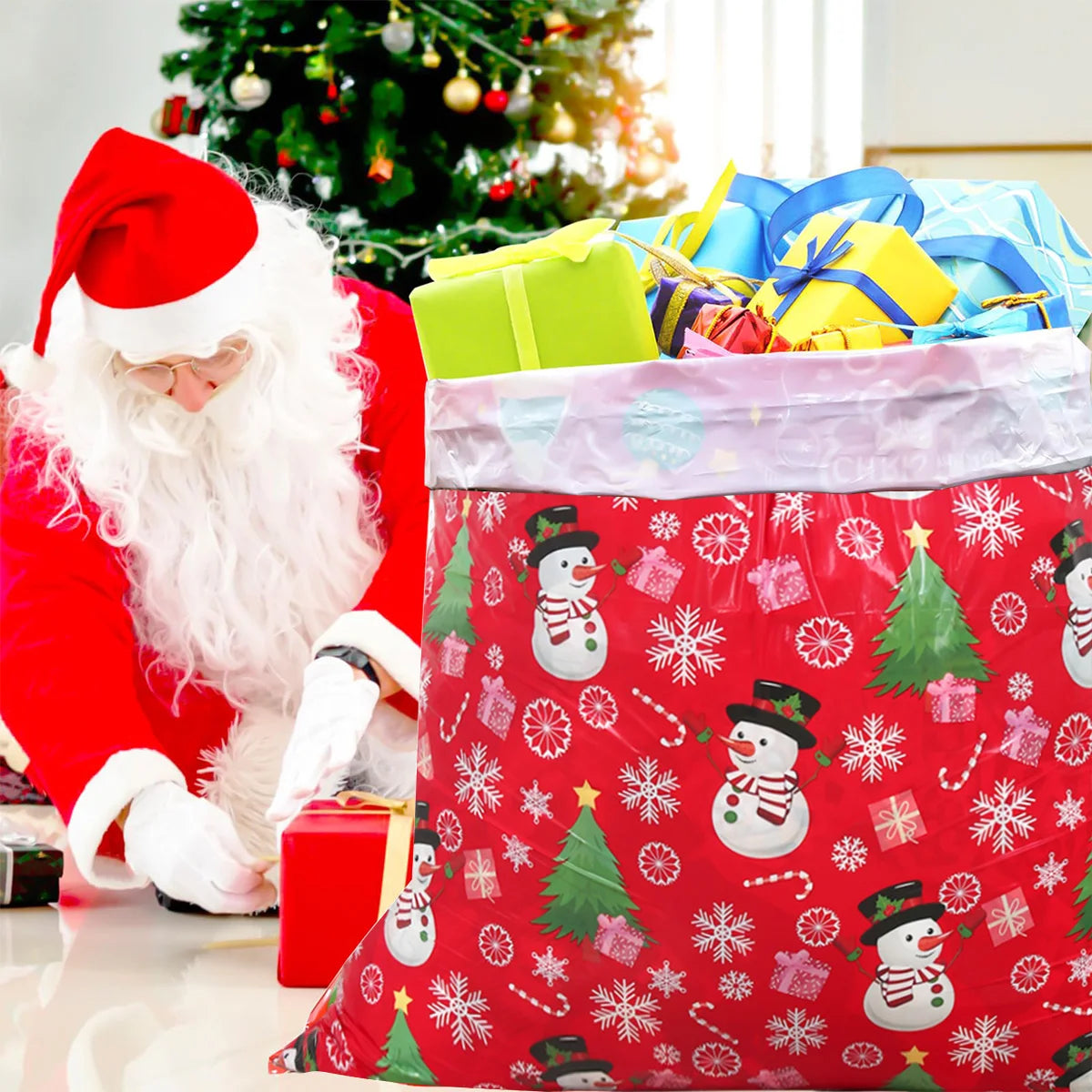 Large Christmas gift bags featuring festive snowman and tree designs, perfect for holiday celebrations