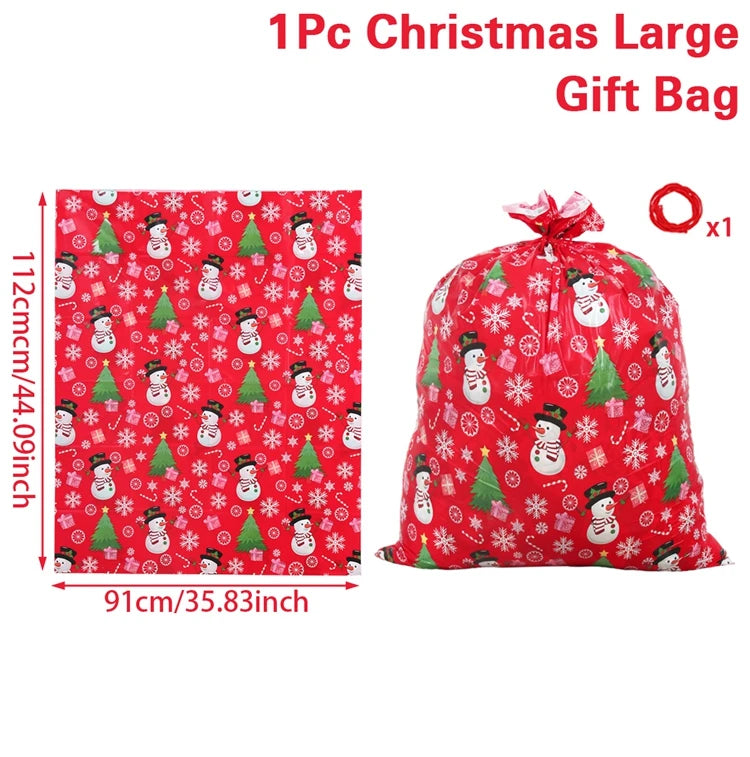 Set of large Christmas gift bags featuring cheerful snowmen and trees in vibrant red design
