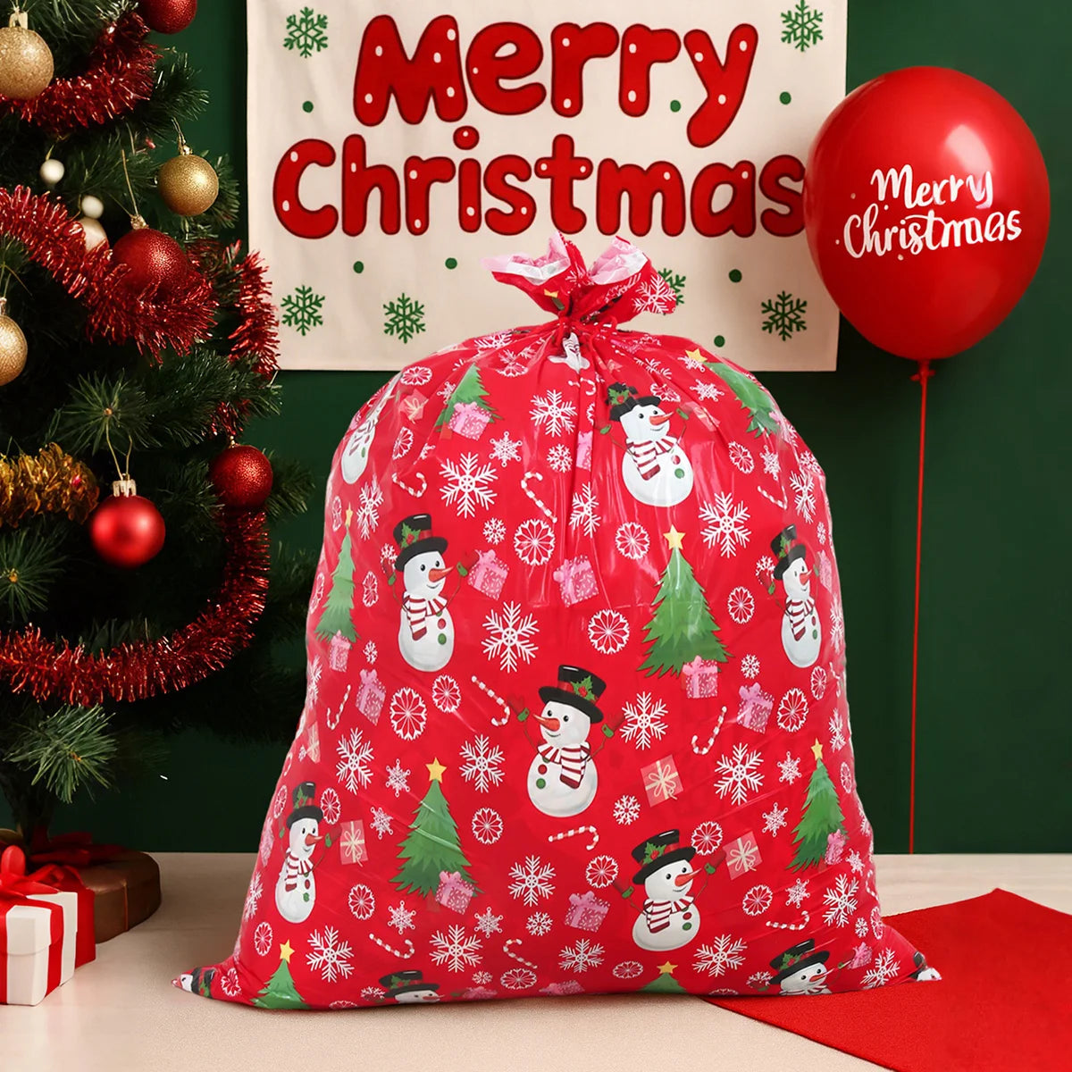 Large Christmas gift bags featuring festive snowmen and Christmas trees for holiday celebrations