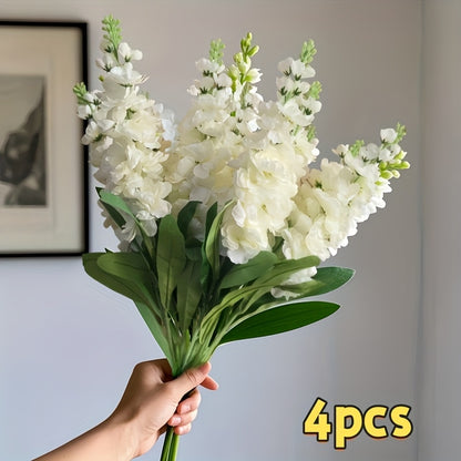 Large outdoor artificial delphinium bouquet featuring four elegant white flower stems