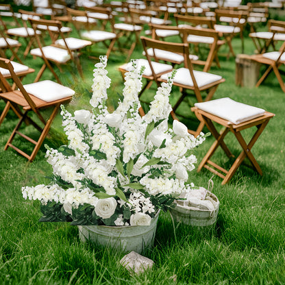 Large outdoor artificial delphinium arrangement in a rustic pot, perfect for event decoration
