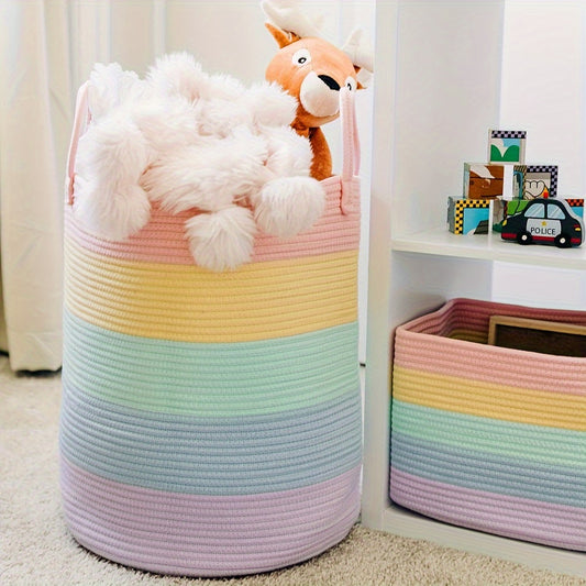 Large rainbow storage basket in pastel colors, perfect for organizing children's nurseries and toys