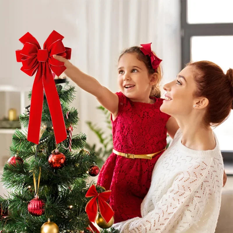 Mom and daughter decorating Christmas tree with Large Red Christmas Bows Outdoor for festive cheer