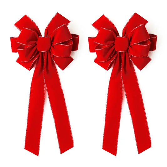 Set of two Large Red Christmas Bows Outdoor with shiny ribbon tails for festive holiday décor