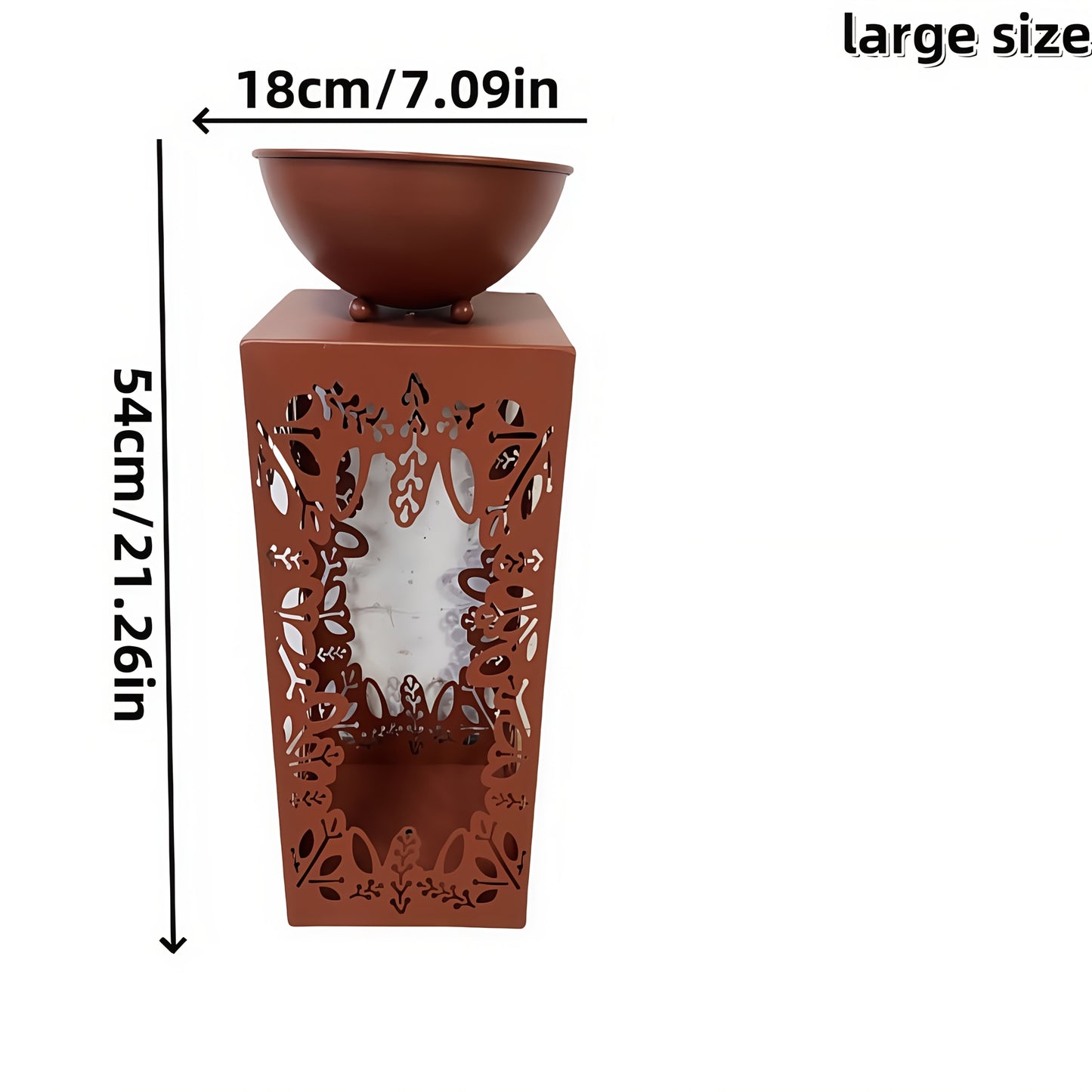 Large red iron flower pot with intricate cut-out design and sturdy base for decorative gardening