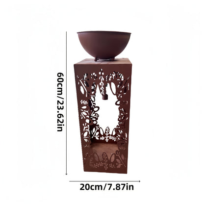 Large red iron flower pot with intricate floral design and sturdy pedestal for indoor or outdoor use