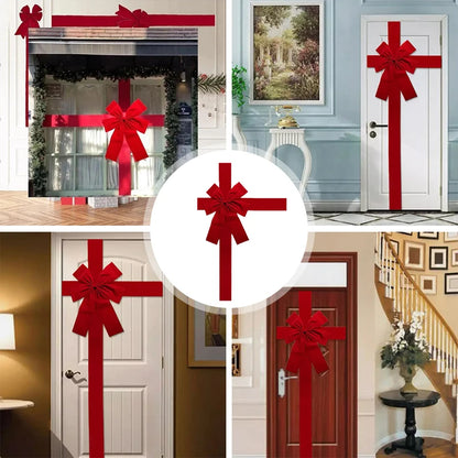 Large Red Organza Front Door Bow displayed on various doors for festive decoration