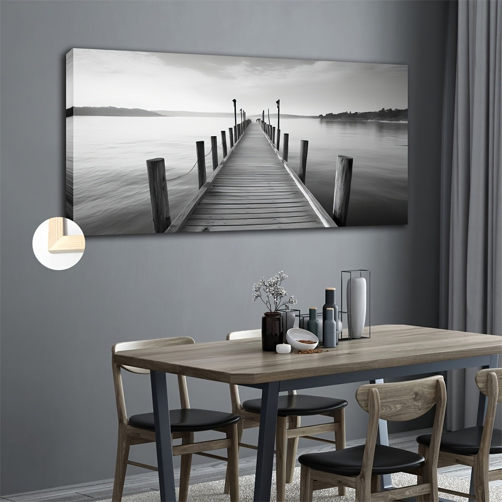 Large vintage bridge canvas art depicting a serene lakeside pier in black and white
