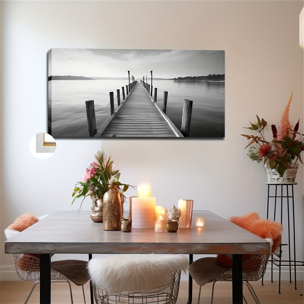 Large vintage bridge canvas art displayed in a modern dining room with a serene atmosphere