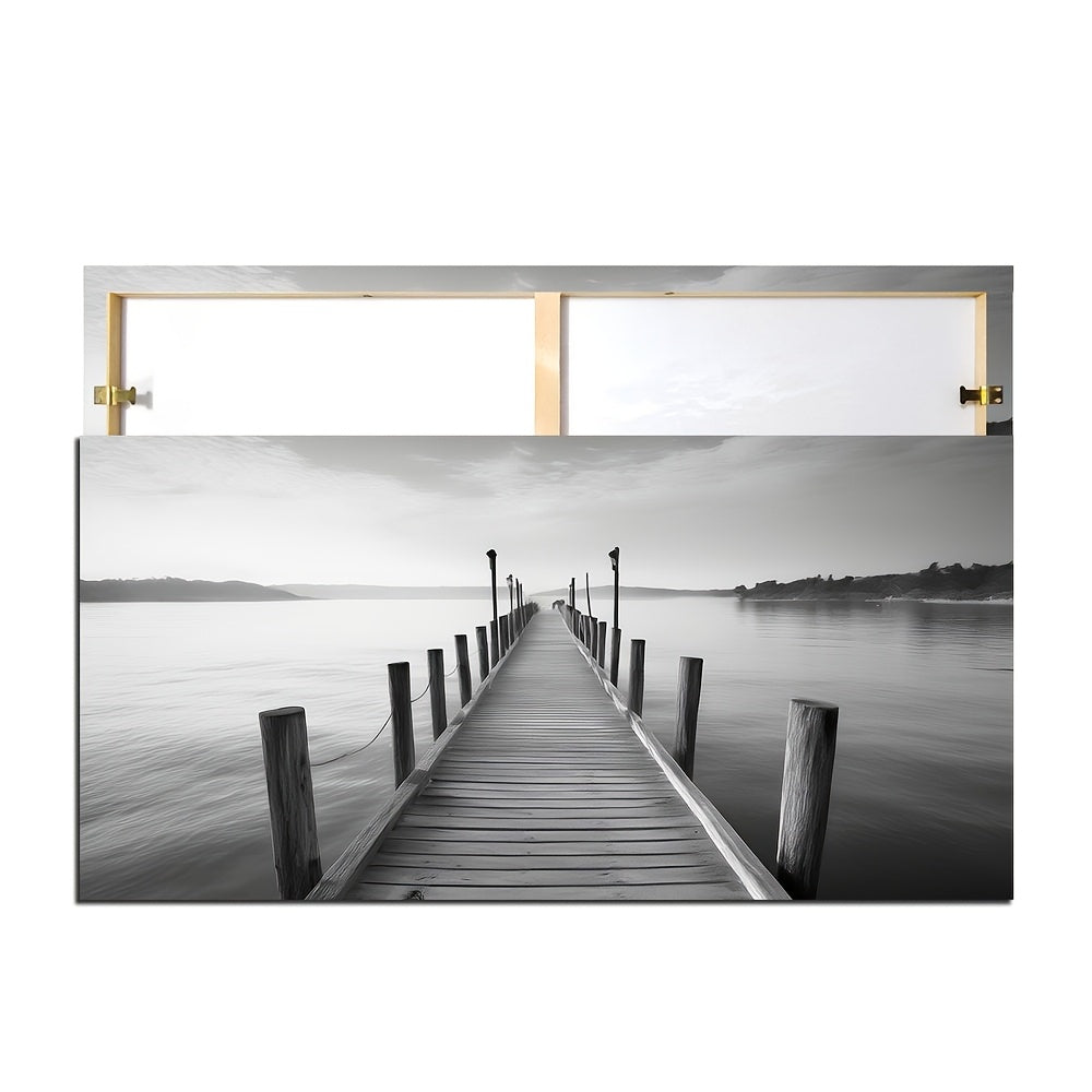 Large vintage bridge canvas art featuring a serene black and white pier over calm water