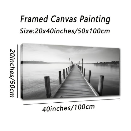 Large vintage bridge canvas art featuring a serene black and white landscape with a wooden dock