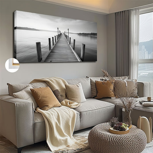 Large vintage bridge canvas art depicting a serene waterfront dock in black and white