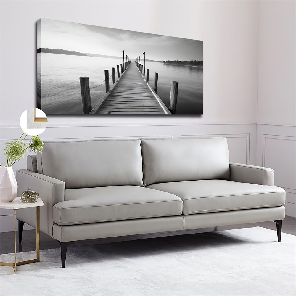 Large vintage bridge canvas art featuring a serene black and white waterfront scene