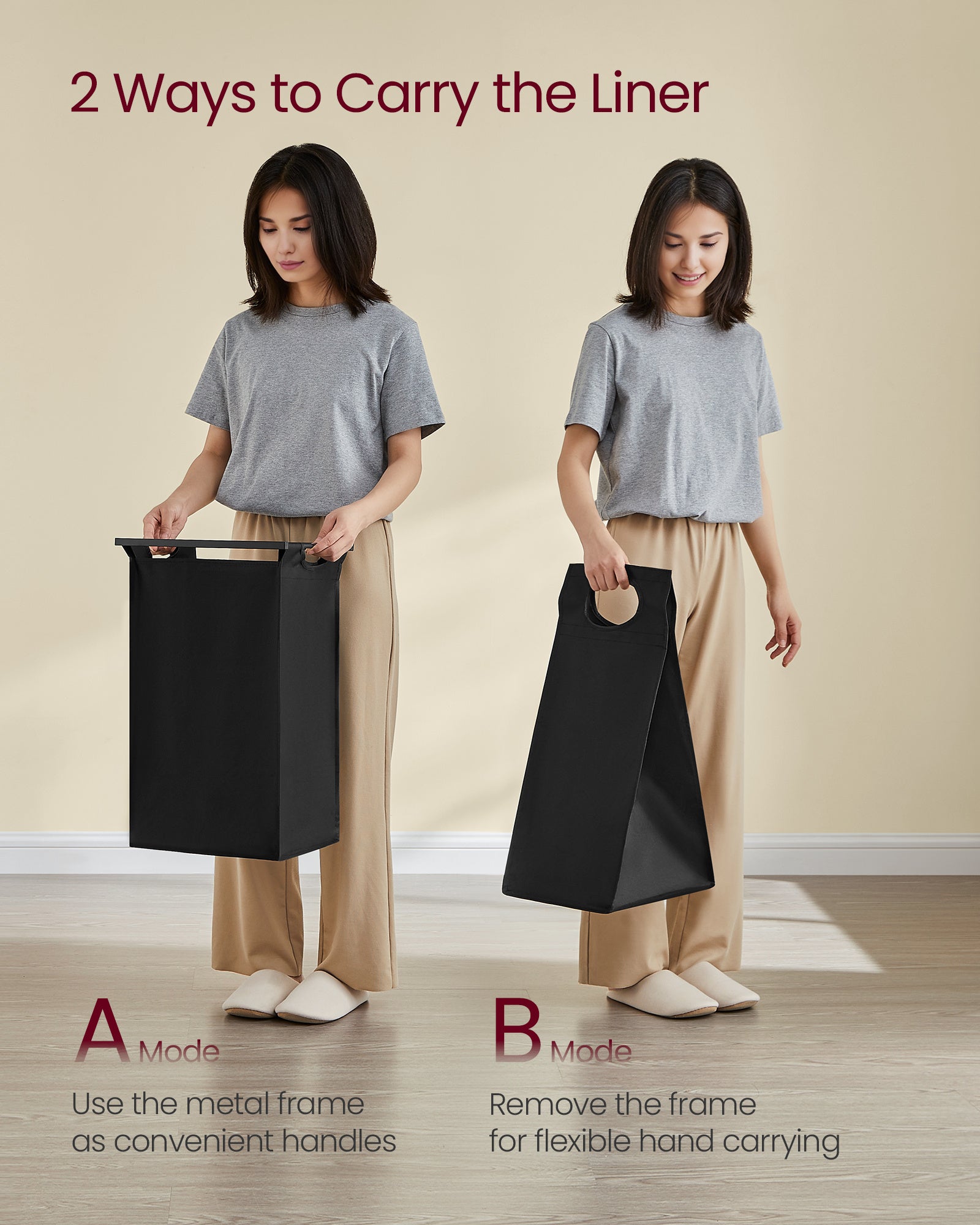 Nutshell laundry sorter with 4 removable bags demonstrating flexible carrying options for easy organization
