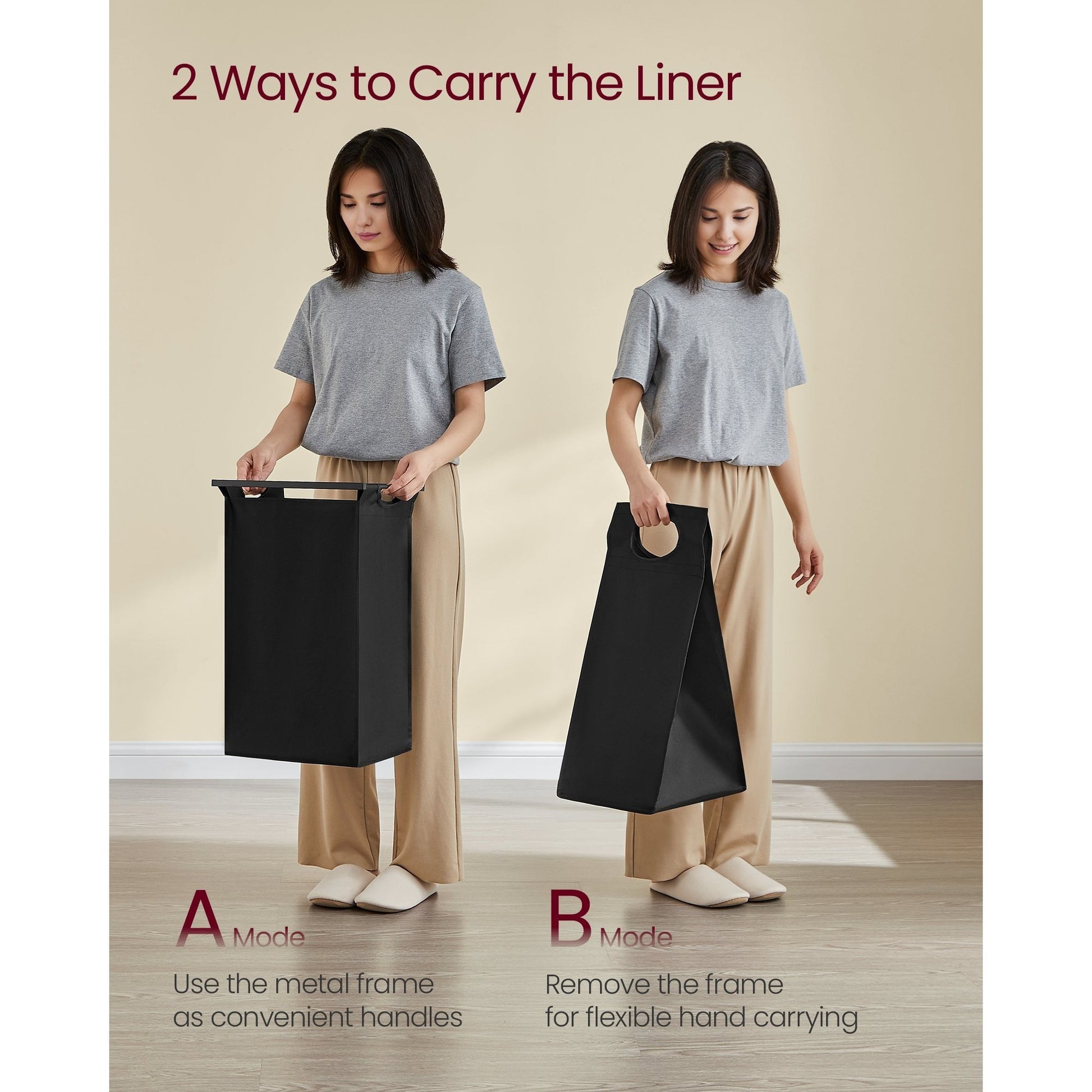Nutshell laundry sorter with 4 removable bags shown in two carrying modes for convenient use