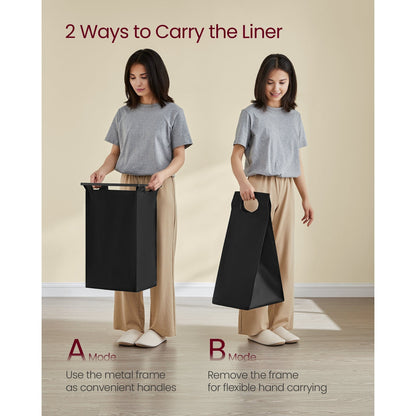 Nutshell laundry sorter with 4 removable bags shown in two carrying modes for convenient use