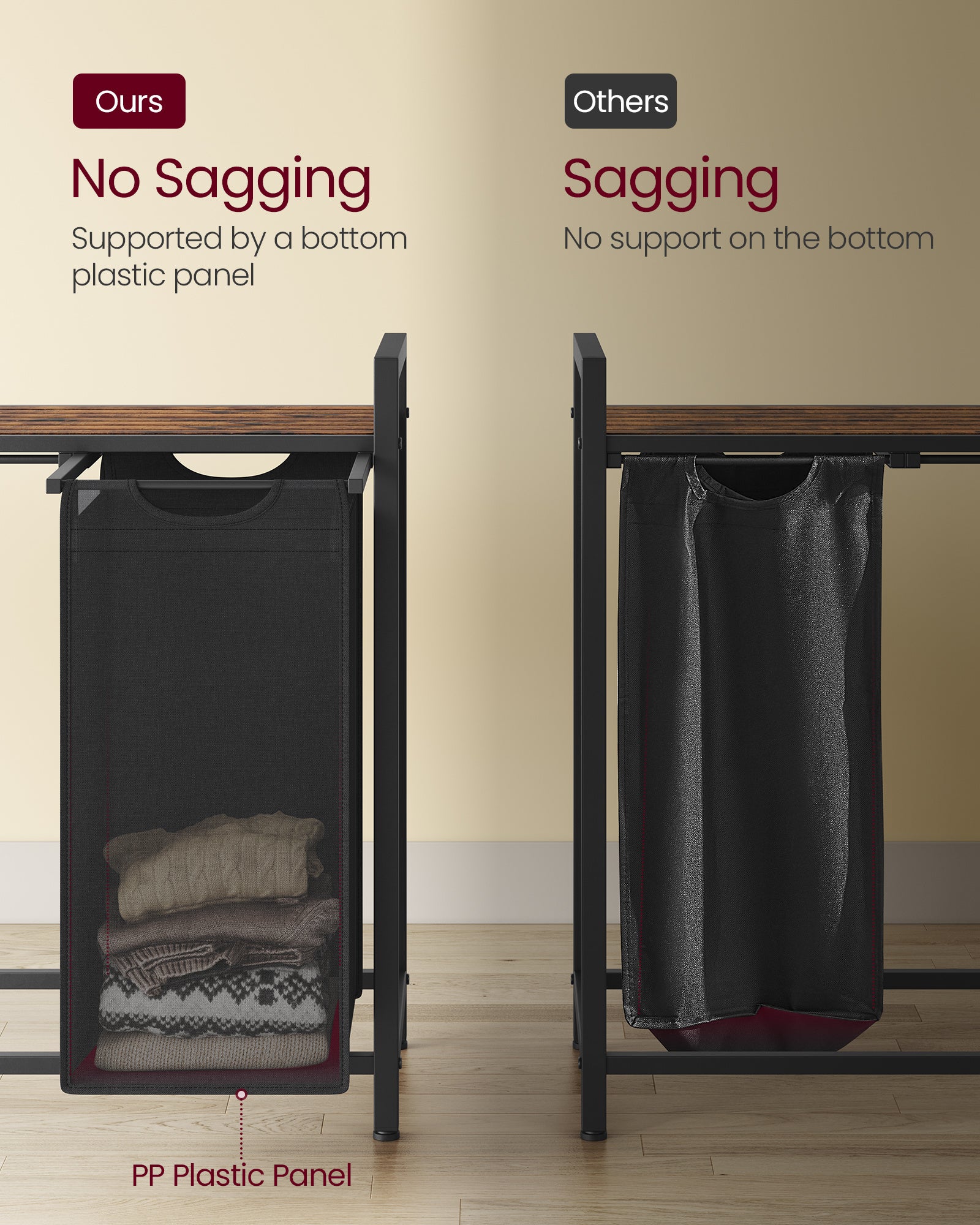 Nutshell laundry sorter with 4 removable bags featuring no sagging design with bottom plastic panel