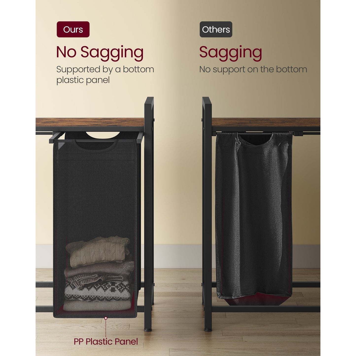 Nutshell laundry sorter with 4 removable bags, featuring a sturdy design to prevent sagging