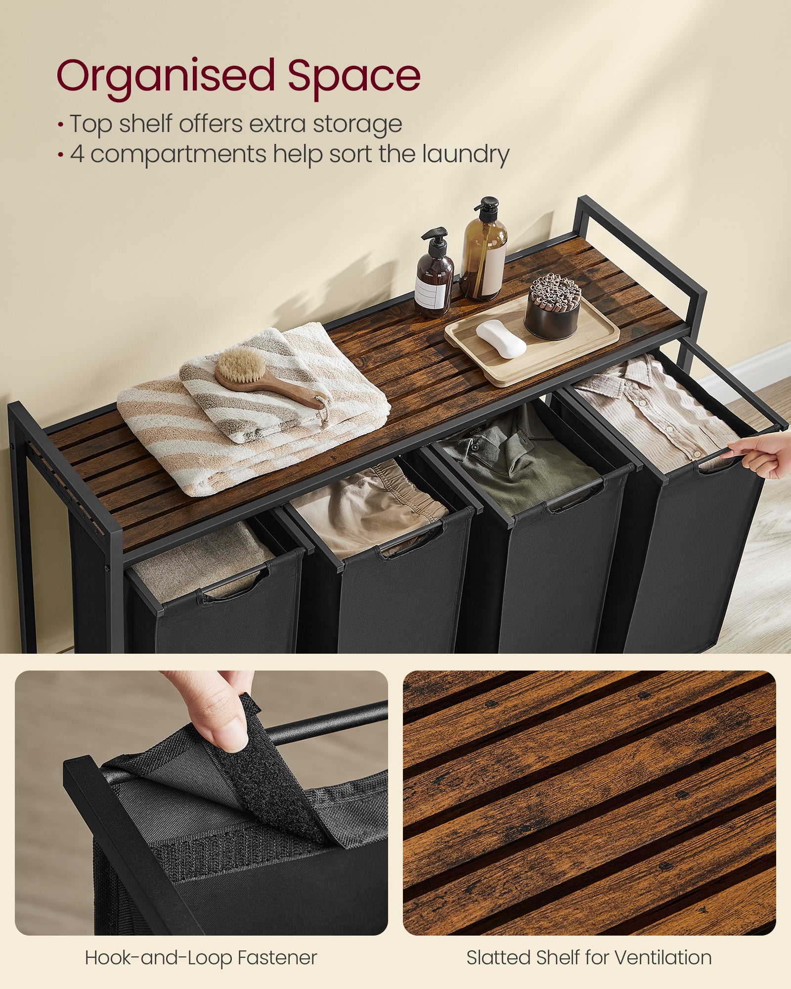 Nutshell laundry sorter with 4 removable bags featuring a top shelf for extra storage and ventilation slats