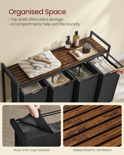 Nutshell laundry sorter with 4 removable bags featuring a top shelf for extra storage and ventilation slats