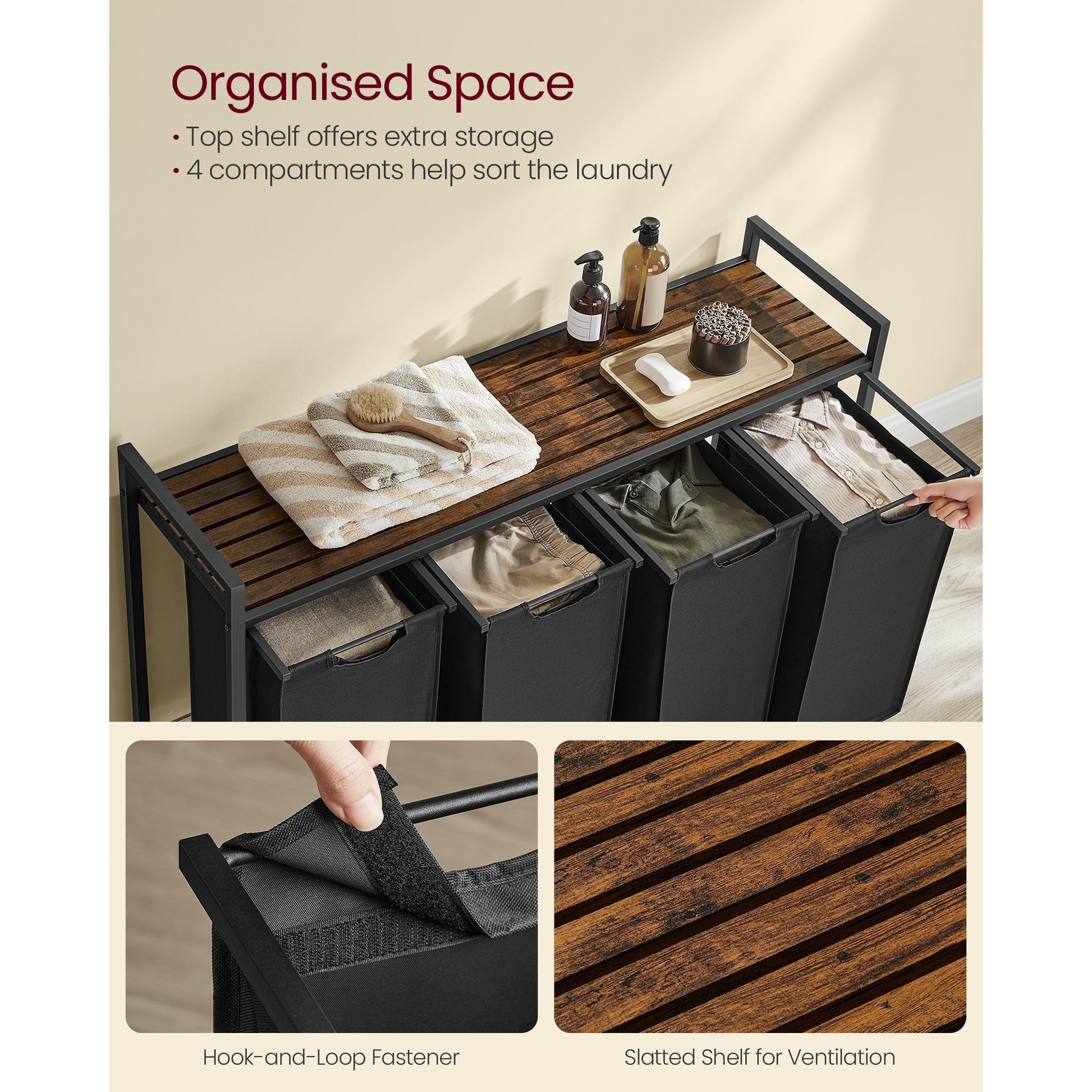 Nutshell laundry sorter with 4 removable bags and top shelf for organized laundry storage