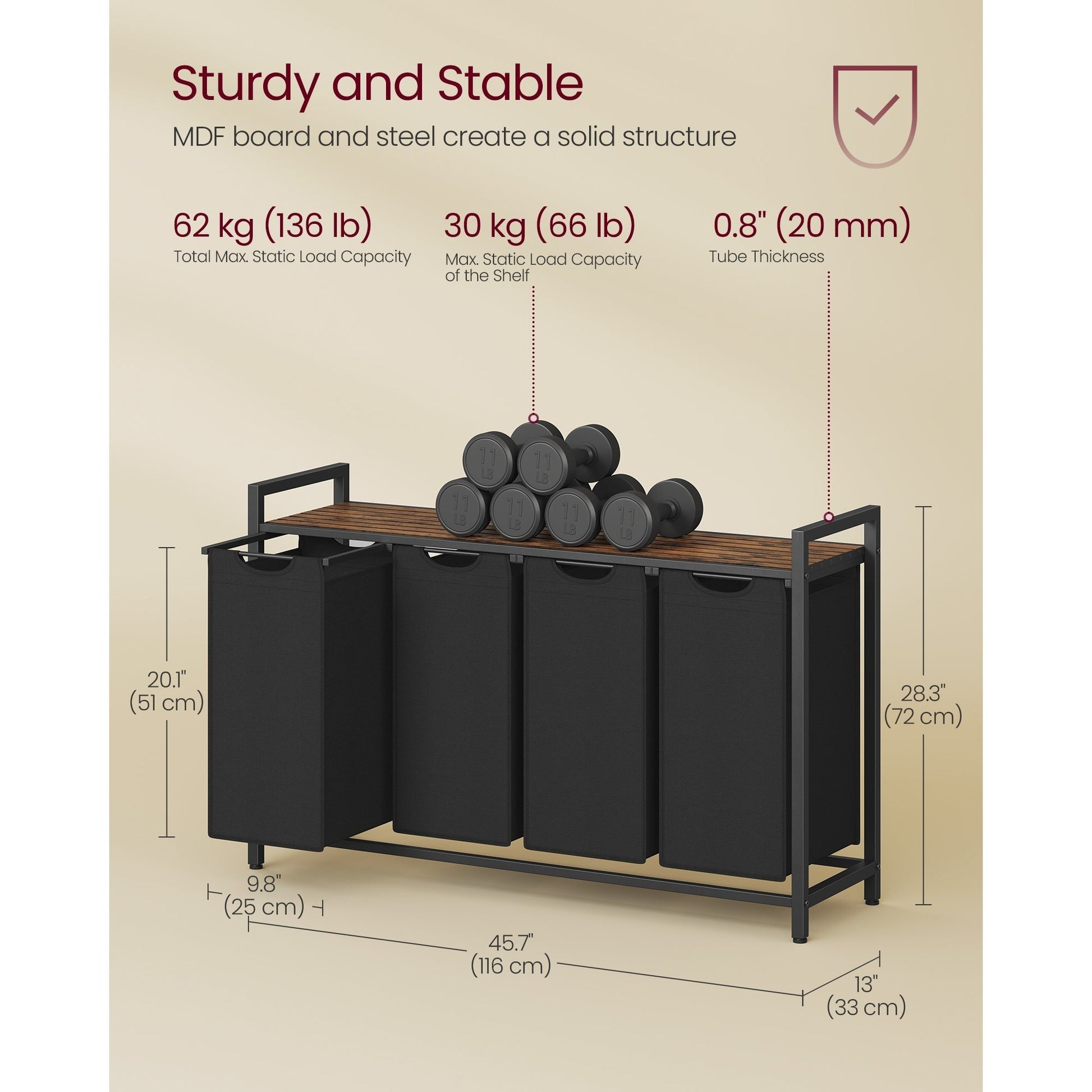 Nutshell laundry sorter with 4 removable bags and sturdy MDF board and steel frame for efficient laundry organization.