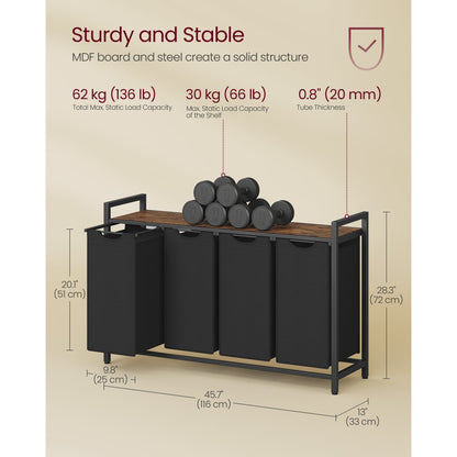 Nutshell laundry sorter with 4 removable bags and sturdy MDF board and steel frame for efficient laundry organization.