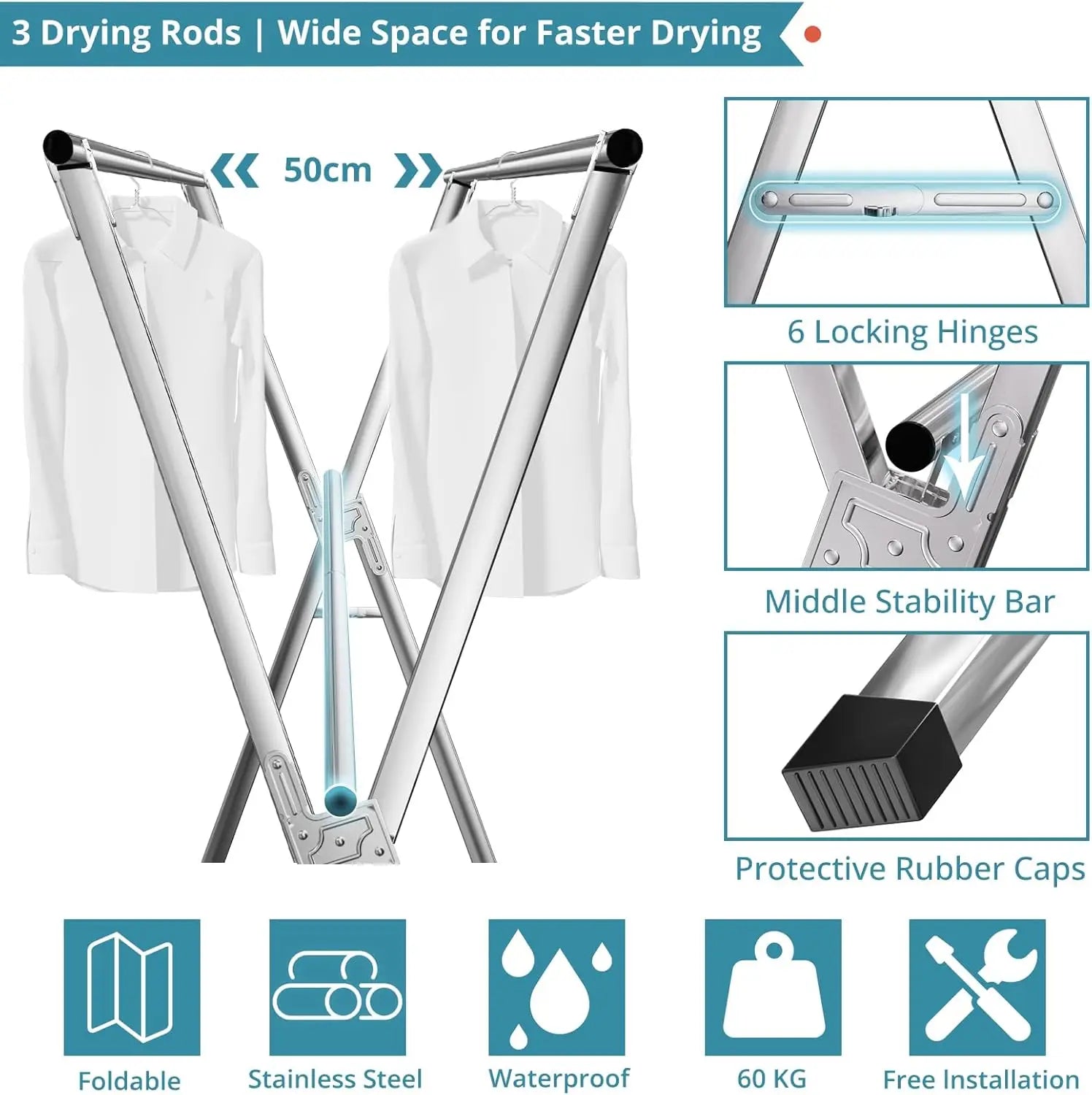 Nutshell stainless steel clothes drying rack foldable V frame with 3 drying rods 50cm wide space and rubber caps
