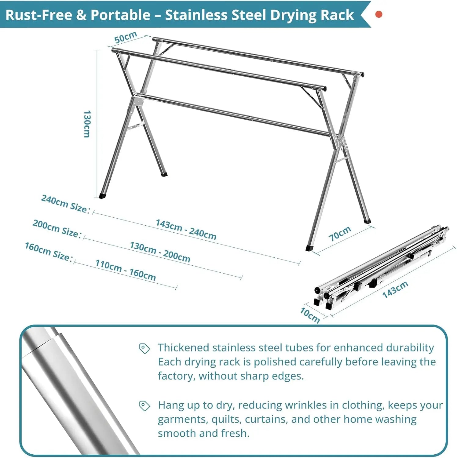Nutshell stainless steel clothes drying rack foldable X frame with three bars for indoor outdoor use