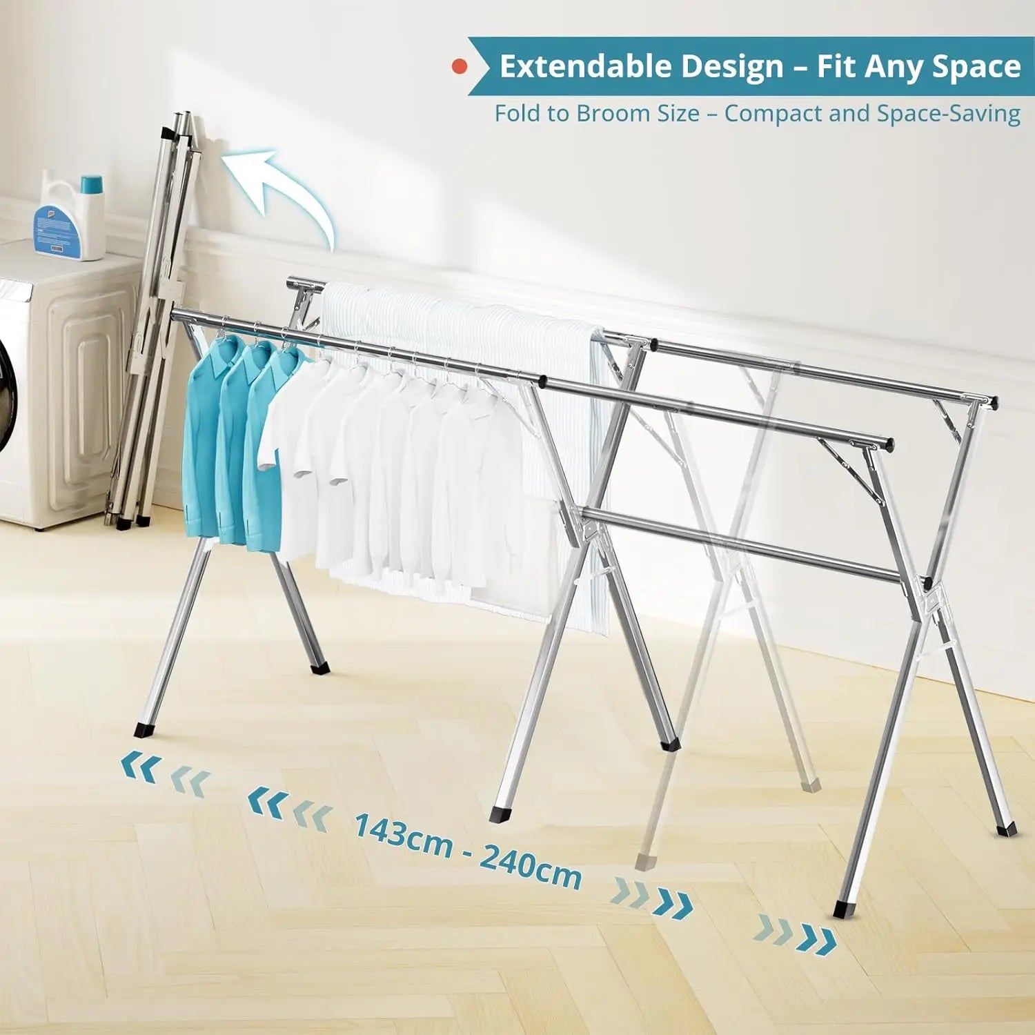 Nutshell stainless steel clothes drying rack extendable from 143 cm to 240 cm with white shirts hanging in laundry room