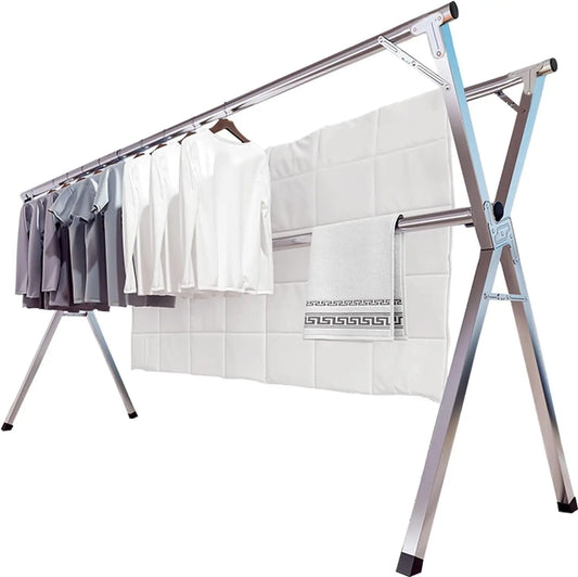 Nutshell stainless steel clothes drying rack foldable X frame with multiple bars for shirts towels and bedding