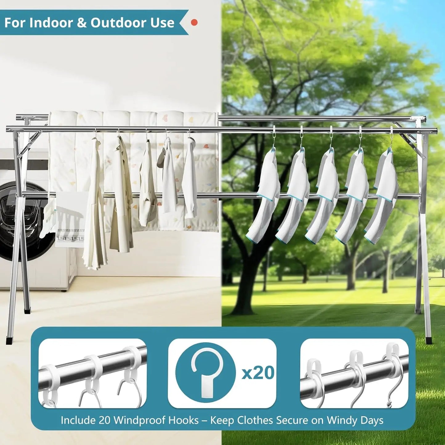 Nutshell stainless steel clothes drying rack with double rails and 20 windproof hooks for indoor outdoor use