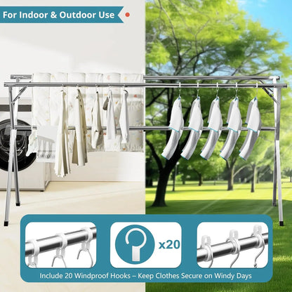 Nutshell stainless steel clothes drying rack with double rails and 20 windproof hooks for indoor outdoor use