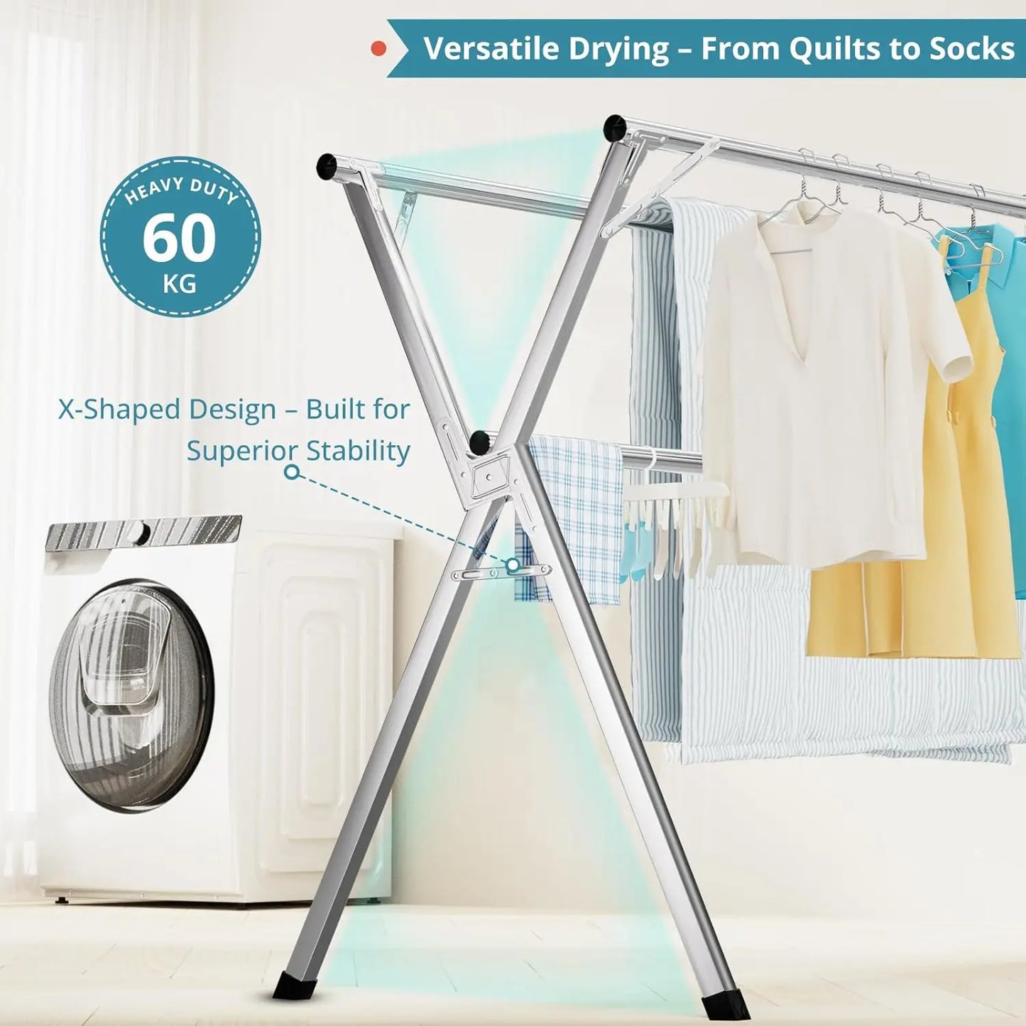 Nutshell stainless steel clothes drying rack X shaped heavy duty 60 kg freestanding for laundry