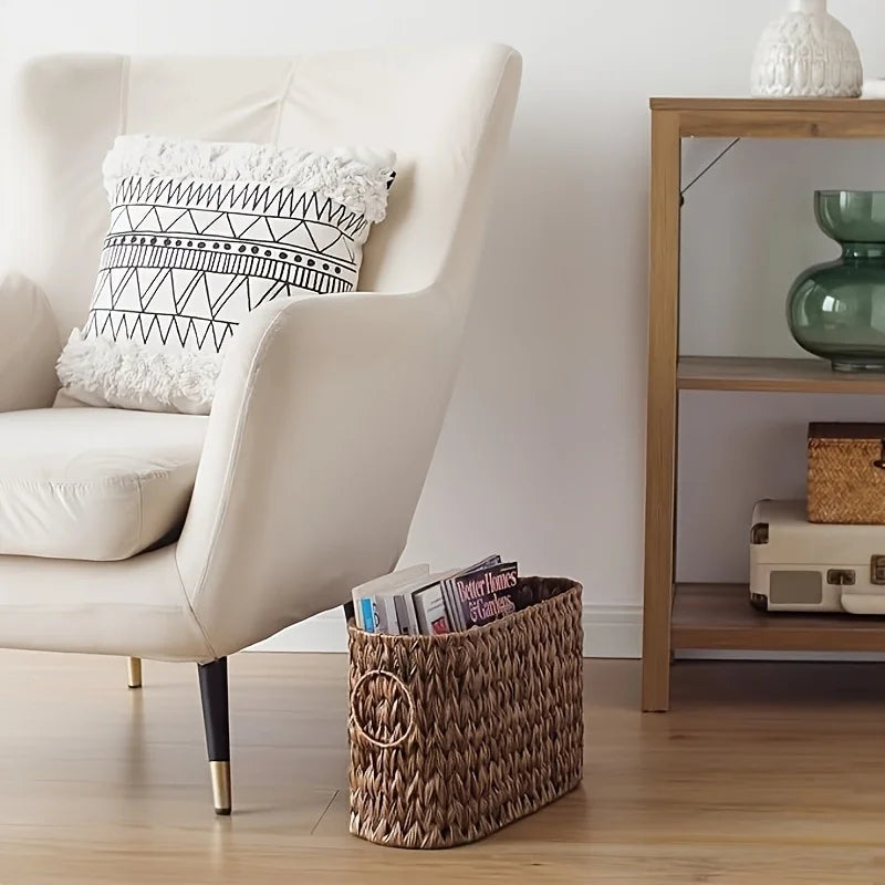 Nutshell woven toilet paper holder basket in a modern living room setting