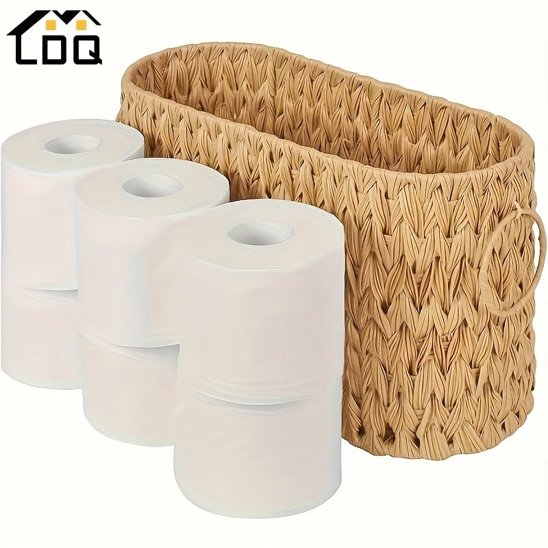 Nutshell toilet paper holder basket with four rolls of white toilet paper for bathroom organization
