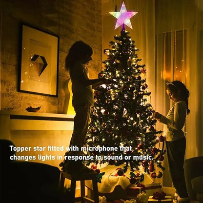 LED Christmas tree star topper with microphone that changes lights in response to sound or music