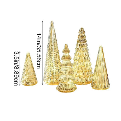 Set of five LED glass Christmas tree decor in different heights and designs for holiday decorations