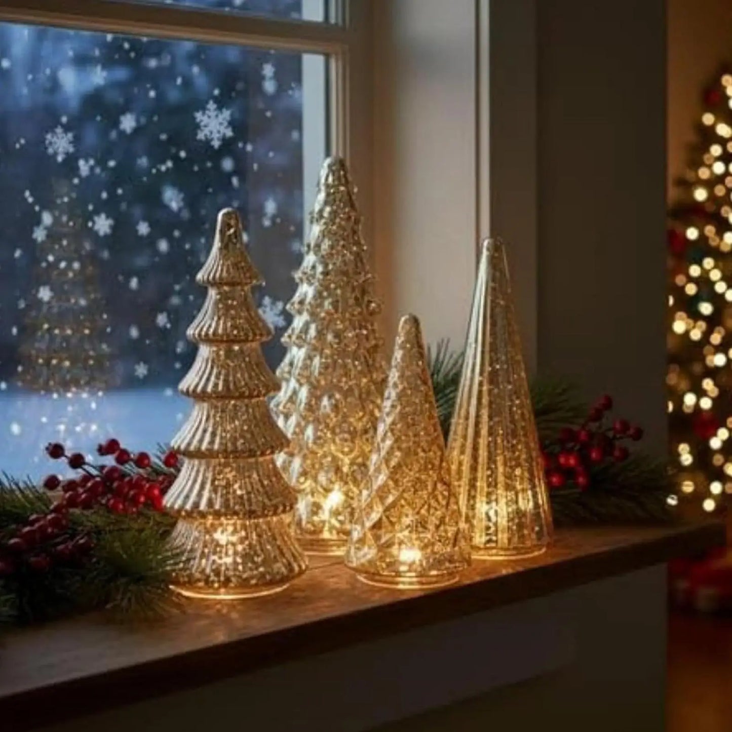 LED glass Christmas tree decor displayed on a window sill with holiday lights and snowflakes in the background
