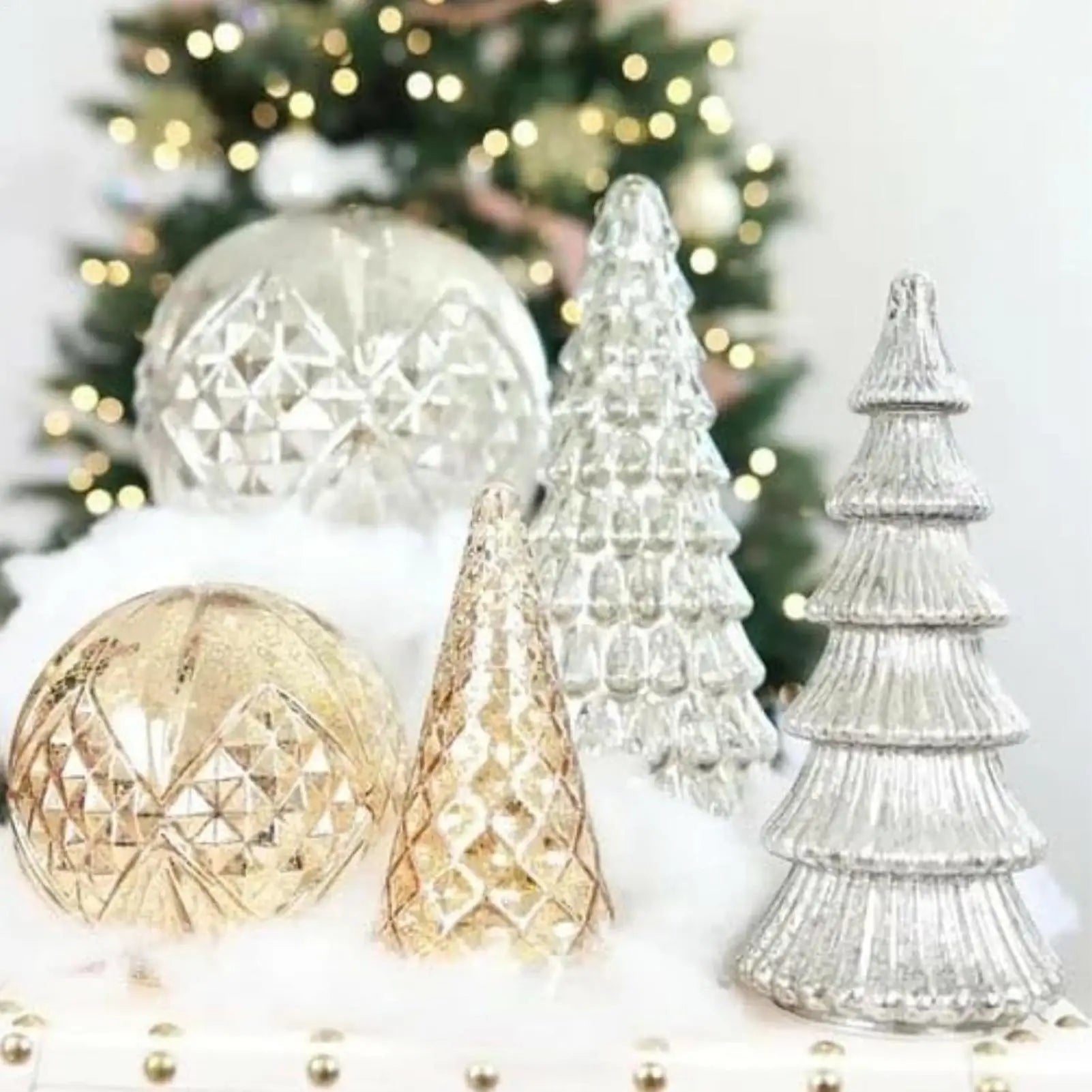Elegant LED glass Christmas tree decor in silver and gold, perfect for festive holiday displays