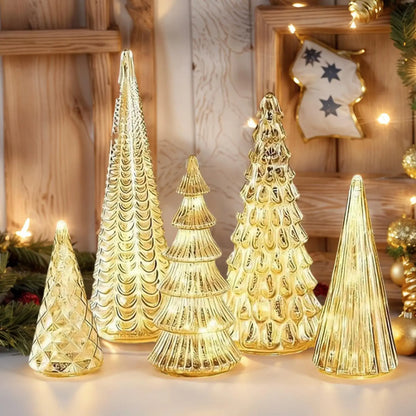 Nutshell LED glass Christmas tree decor set with five elegant golden trees, perfect for holiday decoration