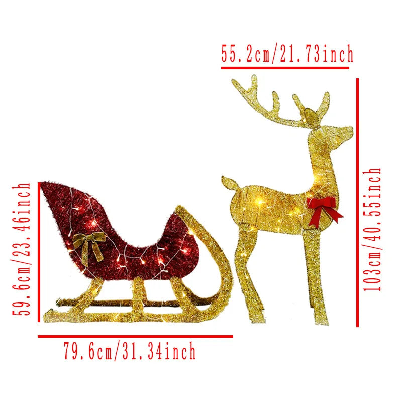 LED reindeer and sleigh outdoor Christmas decoration with festive lights and dimensions for holiday display