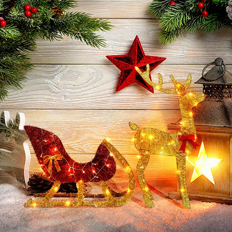 LED reindeer and sleigh outdoor Christmas decoration with festive lights and holiday accents