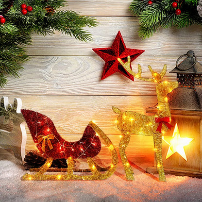 LED reindeer and sleigh outdoor Christmas decoration with festive lights and holiday accents
