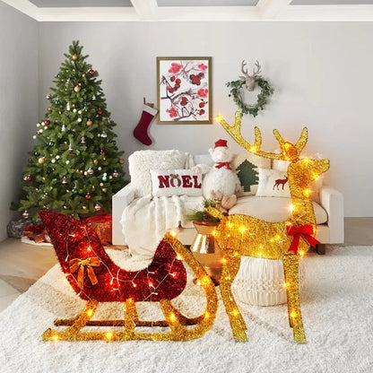 LED reindeer and sleigh outdoor Christmas decoration in a cozy living room setting