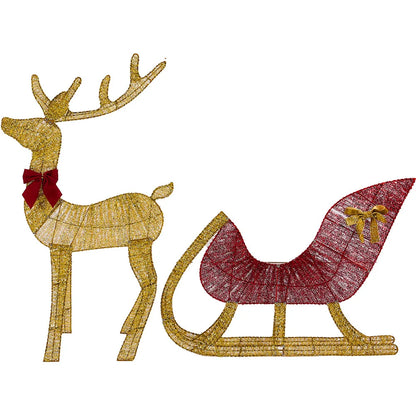 LED reindeer and sleigh outdoor Christmas decoration featuring a golden reindeer with a red bow and a sleigh design