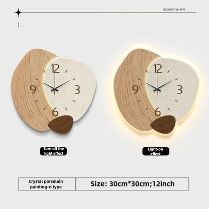 Nutshell LED wall clock for living room with unique design featuring wood and porcelain elements
