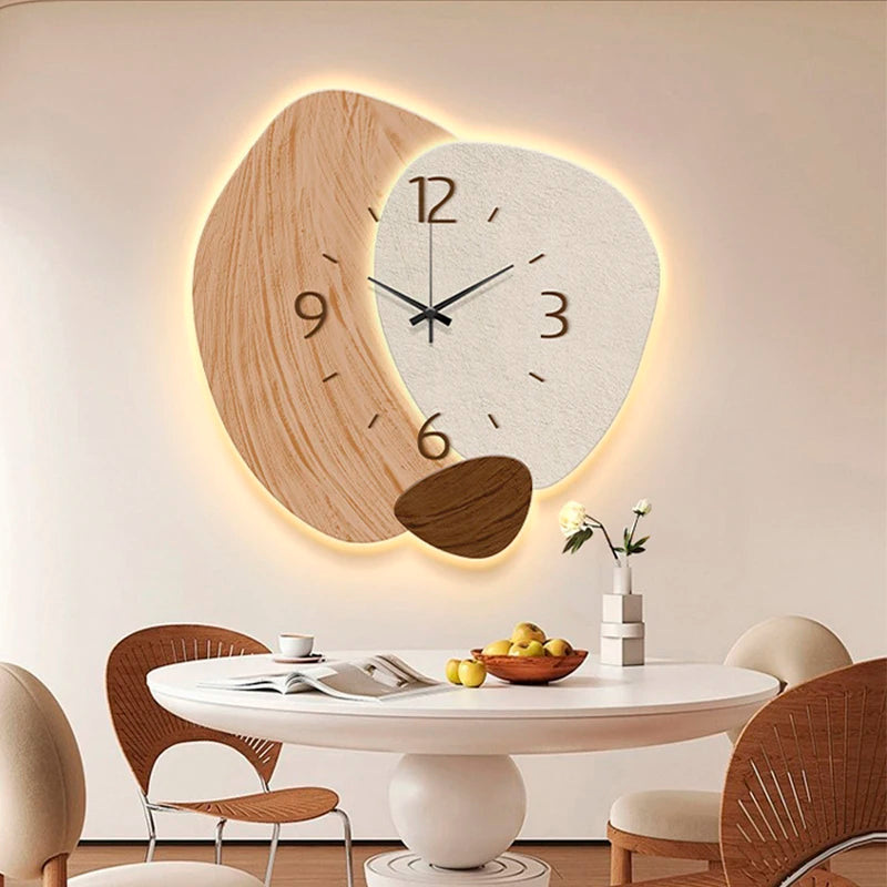 Modern LED wall clock for living room with a unique wooden design and soft backlighting